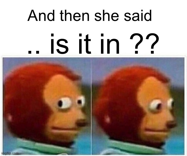 Monkey Puppet Meme | And then she said .. is it in ?? | image tagged in memes,monkey puppet | made w/ Imgflip meme maker