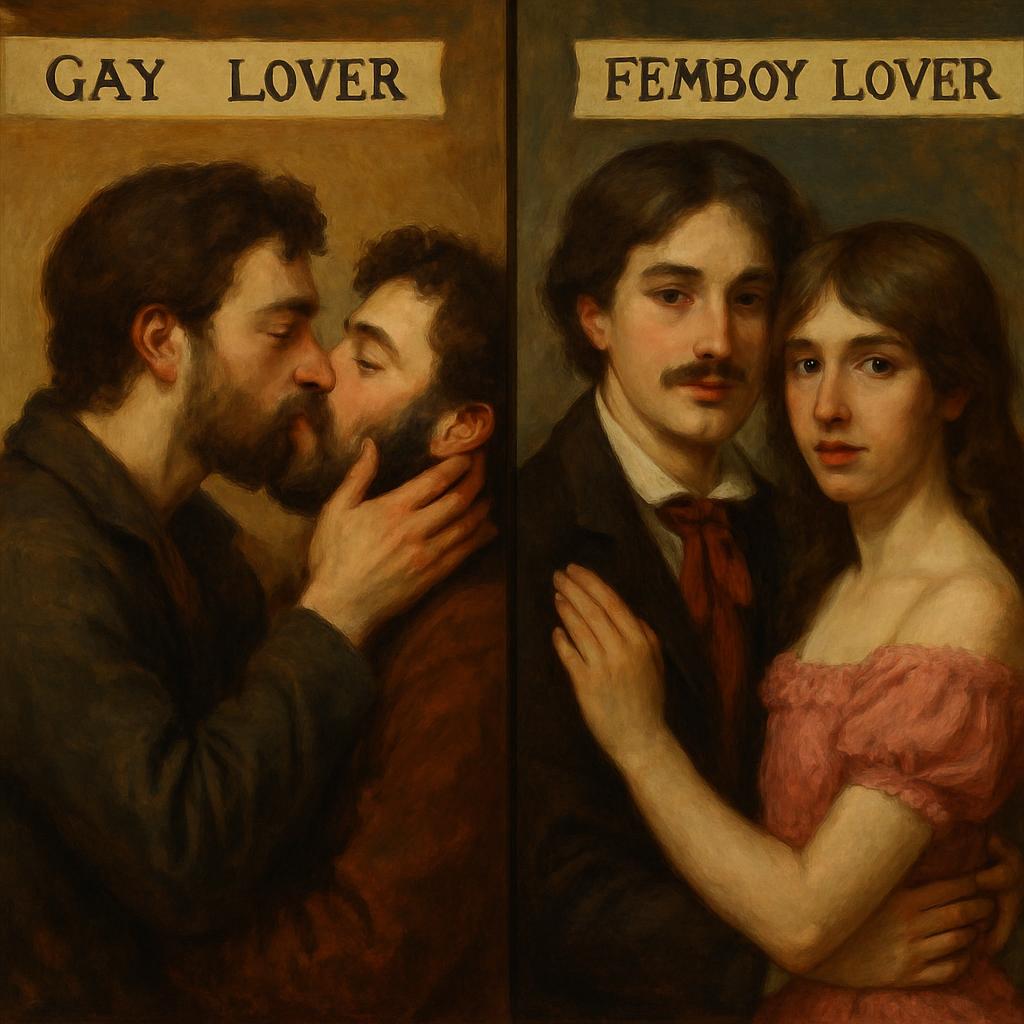 i have two sides, in left side Gay Lover, in right side Femboy L Blank Meme Template