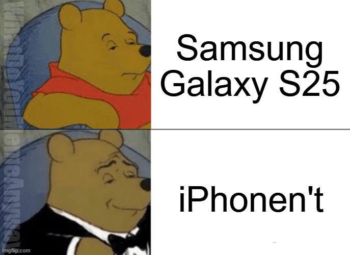 To put it another way . . . | Samsung Galaxy S25; WhatDoYouMemeAnyway; iPhonen't | image tagged in memes,tuxedo winnie the pooh | made w/ Imgflip meme maker