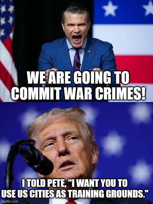 This is the thing you said you needed the guns for, MAGA. Whatcha gonna do? | WE ARE GOING TO COMMIT WAR CRIMES! I TOLD PETE, "I WANT YOU TO USE US CITIES AS TRAINING GROUNDS." | image tagged in tyranny,guns,2nd amendment,maga | made w/ Imgflip meme maker