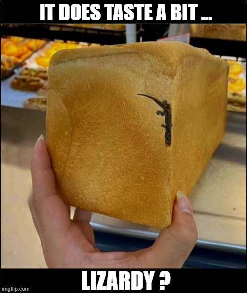 Novelty Bread ? | IT DOES TASTE A BIT ... LIZARDY ? | image tagged in novelty,bread,lizard,taste | made w/ Imgflip meme maker