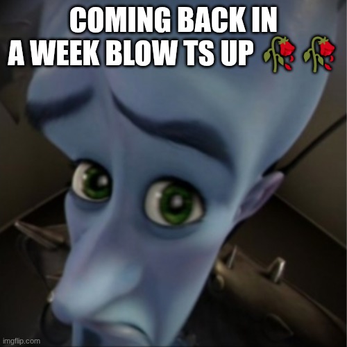 Make ts famous | COMING BACK IN A WEEK BLOW TS UP 🥀🥀 | image tagged in megamind peeking,viral,viral meme,goofy ahh | made w/ Imgflip meme maker