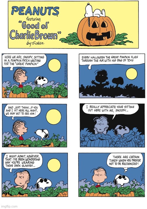image tagged in comics,peanuts,halloween,the great pumpkin,linus,snoopy | made w/ Imgflip meme maker