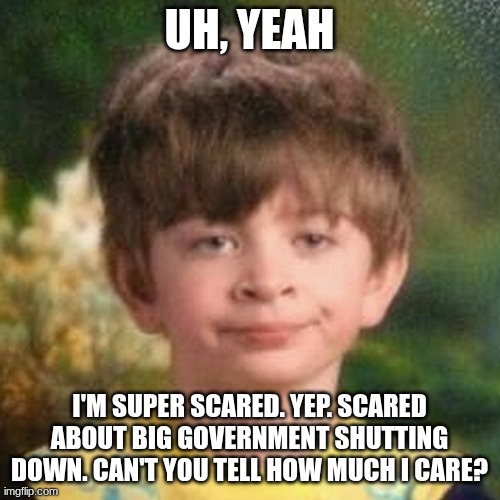 Blank Stare Kid | UH, YEAH I'M SUPER SCARED. YEP. SCARED ABOUT BIG GOVERNMENT SHUTTING DOWN. CAN'T YOU TELL HOW MUCH I CARE? | image tagged in blank stare kid | made w/ Imgflip meme maker