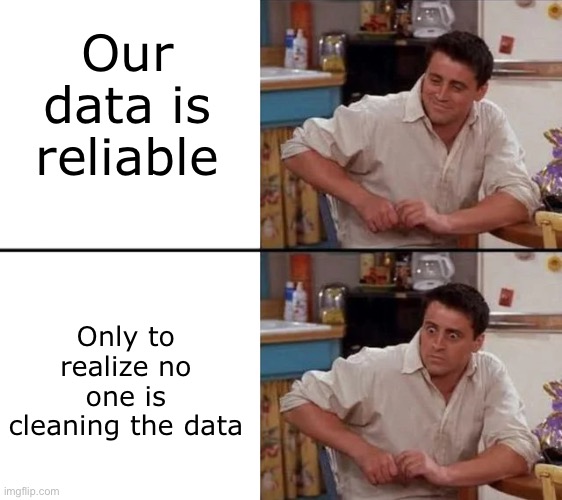 Data paradox | Our data is reliable; Only to realize no one is cleaning the data | image tagged in surprised joey | made w/ Imgflip meme maker
