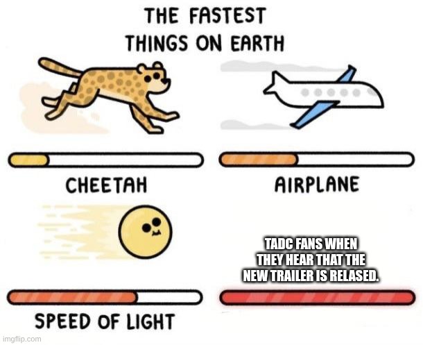 The fastest things on earth: cheetah, airplane, speed of light, | TADC FANS WHEN THEY HEAR THAT THE NEW TRAILER IS RELASED. | image tagged in the fastest things on earth cheetah airplane speed of light | made w/ Imgflip meme maker