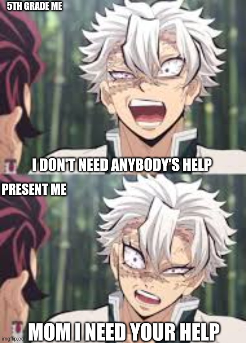 *~DEMON SLAYER~* | 5TH GRADE ME; I DON'T NEED ANYBODY'S HELP; PRESENT ME; MOM I NEED YOUR HELP | image tagged in funny | made w/ Imgflip meme maker