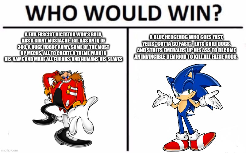 Who Would Win? Meme | A EVIL FASCIST DICTATOR WHO'S BALD, HAS A GIANT MUSTACHE, FAT, HAS AN IQ OF 300, A HUGE ROBOT ARMY, SOME OF THE MOST OP MECHS, ALL TO CREATE A THEME PARK IN HIS NAME AND MAKE ALL FURRIES AND HUMANS HIS SLAVES; A BLUE HEDGEHOG WHO GOES FAST, YELLS "GOTTA GO FAST",  EATS CHILI DOGS, AND STUFFS EMERALDS UP HIS ASS TO BECOME AN INVINCIBLE DEMIGOD TO KILL ALL FALSE GODS. | image tagged in memes,who would win | made w/ Imgflip meme maker