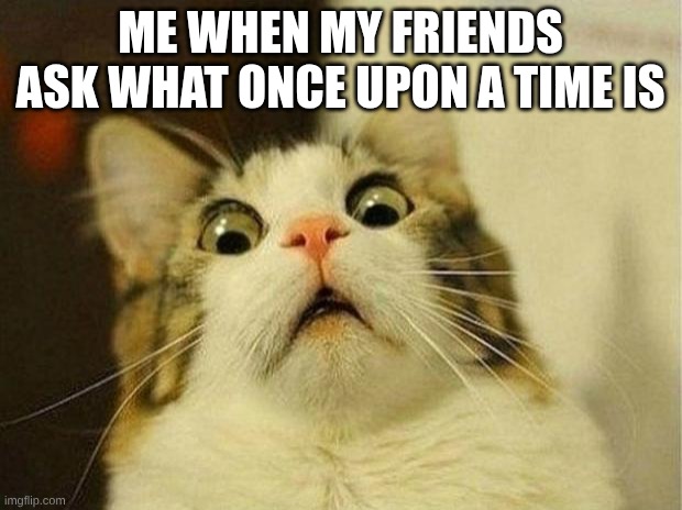 Scared Cat Meme | ME WHEN MY FRIENDS ASK WHAT ONCE UPON A TIME IS | image tagged in memes,scared cat | made w/ Imgflip meme maker