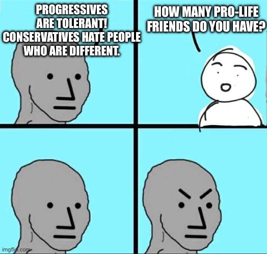 NPC Meme | PROGRESSIVES ARE TOLERANT! CONSERVATIVES HATE PEOPLE WHO ARE DIFFERENT. HOW MANY PRO-LIFE FRIENDS DO YOU HAVE? | image tagged in npc meme | made w/ Imgflip meme maker