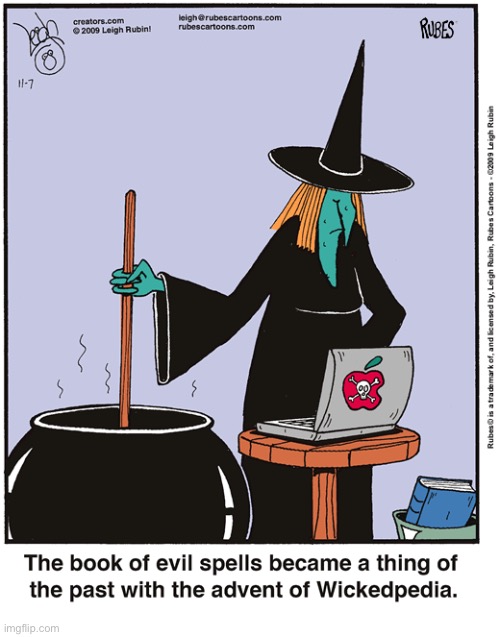 image tagged in comics,rubes,witch,book of spells,wickedpedia,cauldron | made w/ Imgflip meme maker