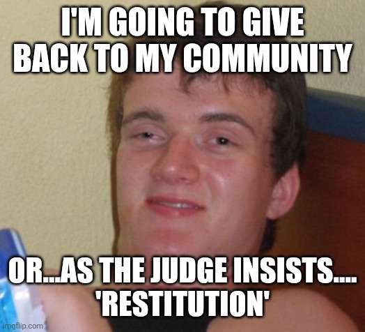 10 Guy Meme | I'M GOING TO GIVE BACK TO MY COMMUNITY; OR...AS THE JUDGE INSISTS....
'RESTITUTION' | image tagged in memes,10 guy | made w/ Imgflip meme maker