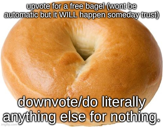 I mean, nothing bad's really gonna happen if you don't upvote. except for no bagel. | upvote for a free bagel (wont be automatic but it WILL happen someday trust); downvote/do literally anything else for nothing. | image tagged in bagel | made w/ Imgflip meme maker