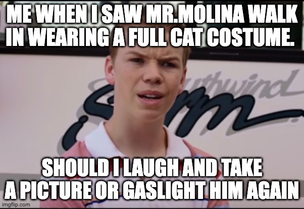 You Guys are Getting Paid | ME WHEN I SAW MR.MOLINA WALK IN WEARING A FULL CAT COSTUME. SHOULD I LAUGH AND TAKE A PICTURE OR GASLIGHT HIM AGAIN | image tagged in you guys are getting paid | made w/ Imgflip meme maker