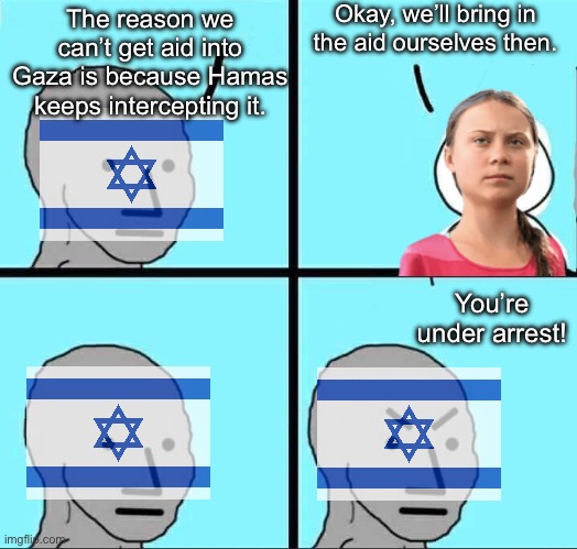 The walls are coming down. Israel can no longer hide their atrocities from the rest of the world. | Okay, we’ll bring in the aid ourselves then. The reason we can’t get aid into Gaza is because Hamas keeps intercepting it. You’re under arrest! | image tagged in npc meme,israel,greta thunberg,genocide | made w/ Imgflip meme maker