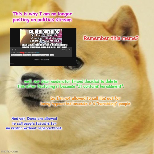 More hypocrisy | This is why I am no longer posting on politics stream; Remember this meme? well, our dear moderator friend decided to delete this after featuring it because "It contains harassment". So I'm not allowed to call libs out for being hypocrites because it's "harassing" people; And yet, Dems are allowed to call people fascists for no reason without repercussions. | image tagged in memes,doge | made w/ Imgflip meme maker