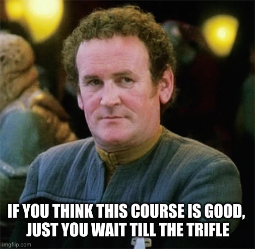 miles obrien new uniform | IF YOU THINK THIS COURSE IS GOOD, 
JUST YOU WAIT TILL THE TRIFLE | image tagged in miles obrien new uniform | made w/ Imgflip meme maker