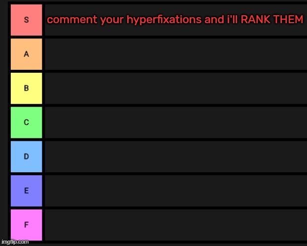 Tier List | comment your hyperfixations and i'll RANK THEM | image tagged in tier list | made w/ Imgflip meme maker