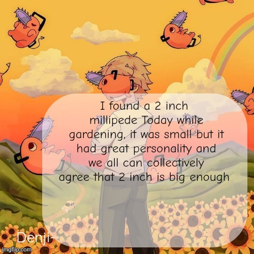 Denji announcement template | I found a 2 inch  millipede Today while gardening, it was small but it had great personality and we all can collectively agree that 2 inch is big enough | image tagged in denji announcement template | made w/ Imgflip meme maker