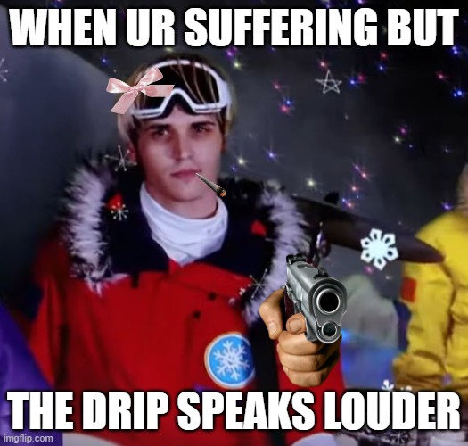 Mikey Way | WHEN UR SUFFERING BUT; THE DRIP SPEAKS LOUDER | image tagged in mcr,yo gabba gabba,mikey way,my chemical romance | made w/ Imgflip meme maker