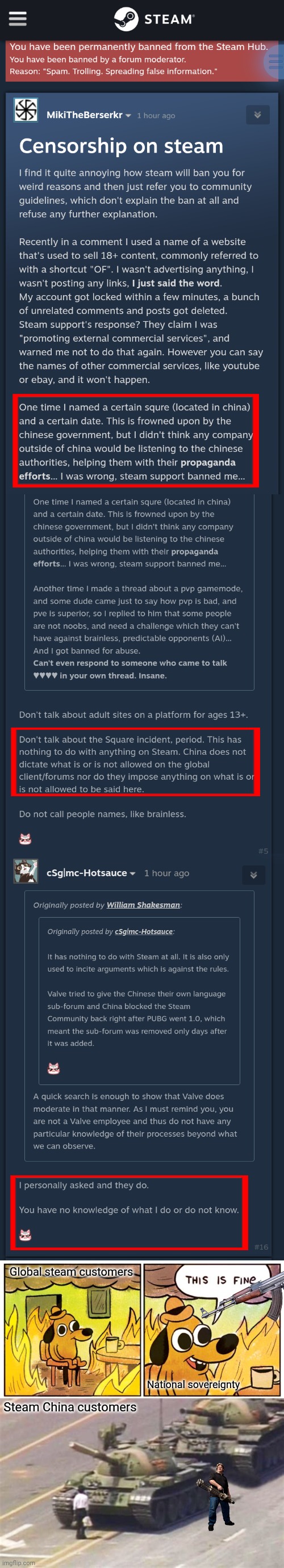 Steam Support censoring western civilization customers for mentioning tianenmen square | Global steam customers; National sovereignty; Steam China customers | image tagged in memes,this is fine,tianenmen tim | made w/ Imgflip meme maker