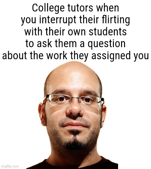 My college experience was complete ass | College tutors when you interrupt their flirting with their own students to ask them a question about the work they assigned you | image tagged in david cross stare | made w/ Imgflip meme maker