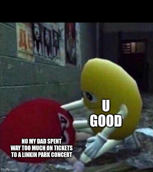 u good? | U GOOD; NO MY DAD SPENT WAY TOO MUCH ON TICKETS TO A LINKIN PARK CONCERT | image tagged in u good no | made w/ Imgflip meme maker
