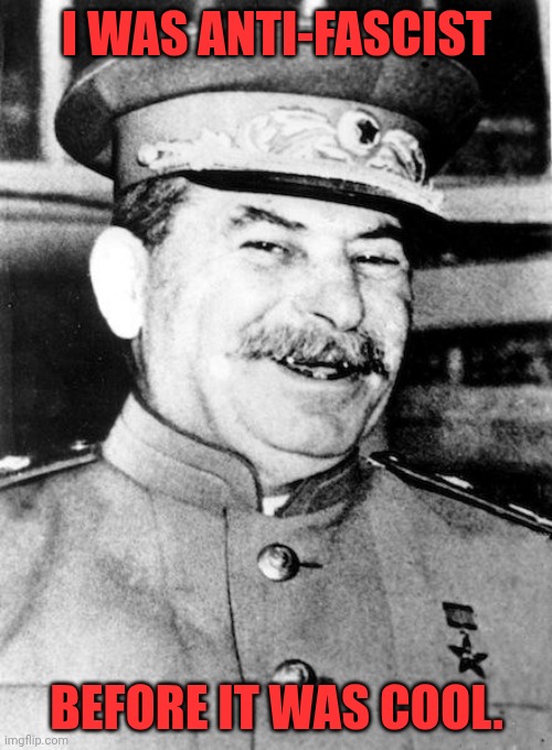 Stalin smile | I WAS ANTI-FASCIST BEFORE IT WAS COOL. | image tagged in stalin smile | made w/ Imgflip meme maker