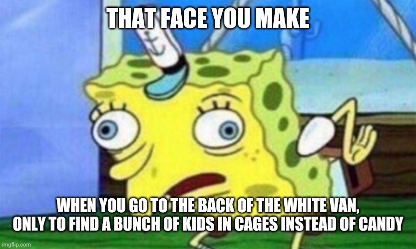 Oh, no! | THAT FACE YOU MAKE; WHEN YOU GO TO THE BACK OF THE WHITE VAN, ONLY TO FIND A BUNCH OF KIDS IN CAGES INSTEAD OF CANDY | image tagged in spongebob stupid,where's waldo,i think we all know where this is going,white van | made w/ Imgflip meme maker