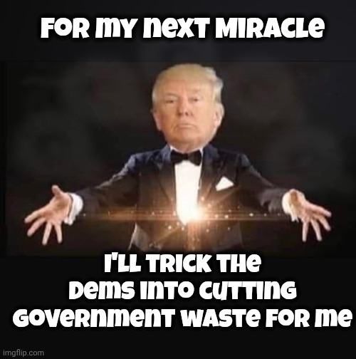 Magic Trump | For my next Miracle I'll trick the Dems into cutting Government waste for me | image tagged in magic trump | made w/ Imgflip meme maker