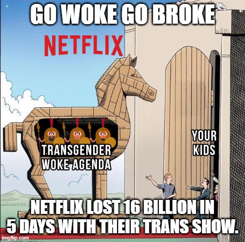 Netflix lost 16 billion in 5 days | GO WOKE GO BROKE; NETFLIX LOST 16 BILLION IN 5 DAYS WITH THEIR TRANS SHOW. | image tagged in netflix lost 16 billion in 5 days | made w/ Imgflip meme maker