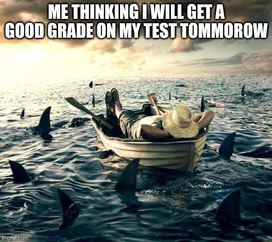 This Does Happen (Not With Sharks) | ME THINKING I WILL GET A GOOD GRADE ON MY TEST TOMMOROW | image tagged in man shark boat relaxed,school | made w/ Imgflip meme maker