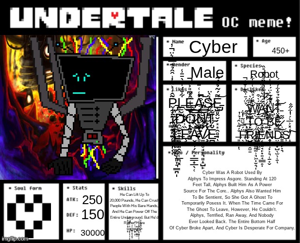 POKEMON ENTRY 1009: Cyber, The Lonely Pokemon. Anyways New OC | Cyber; 450+; Male; Robot; I̷̩̹̗̪̦̳̹̖̐̓͊̏̊̓͊̊̏ ̵̗̉̈́̄̍̏͊̍̄̾̚͠Ẇ̸̡̲̜̭͂̈́̎̏̅͗͑͒͋͜͝Ä̵̢̱͙̫̱̜̘̮̹̯̠̃́͆͛̊͋͂̓͜ͅN̷̛͈̥̯̩̜̙̙͇̥̪̦̗̑̊͊̃͐̈́̍̏̾̈́͘͘ͅT̵͕̪̭̪̮̔͛̄̉̐͋́͌́͝͝ ̶̧̩͙̼͍͇̓̉̅̆T̶̙̲̣̅͐͒̾̀͆Ȯ̴̖̩̰̰̮̪̙̩͖̠̃̍̈́̏̈́̀͒ ̵̛͈̔͆̈́̒͋́́̾͊͠B̵̙̣͋͆́̉̈͛̃̾̕Ệ̷̹̬͔͉̙̱͍̪̙͎͉̋͂ ̶͈̰̼̣̊́͂͐̑́̉̓ͅF̸̛̖̟̲̈́̿̌̈͂̓͋͘͜͝ͅR̷̢̺̼̘̯̼̱̈́̉͛̇͊̈́̾͛͗̅̈̀͘I̸̢͖̼͚̰͚̹̘͖̦̬͉̩̋͗́Ȅ̸͔̝͍̘̙̟͍̘̲̲̥̣͜͝Ṉ̵̥̼̣̟͕͉̜̠͙̬̂D̴̤͎̣̟̺̖̫̖̜̱̅̅̃̈́̃̇̂̈́̈̓͊͂͝ͅȘ̸̝̓́̽͐̅̀́̓͋̋̐͠; P̵̡͔̞͙̹̪͙̝̙͚̗̦̬̩͎͎͂̂͑͐̃̔͗̑̑̉͊̅̀͛̈̓̚Ḻ̶̮̺͋̐́̍́̀̄̄̾͘͘͜E̶̻̦͙̦͕̦̰̻͙͚͐͆̎͐́̚͜͜A̴̝̱̖͔̤̟̮̟̫̭̞̥͛͑͑̄͜͠S̷̨̥͈̱̼͖̗̱̝͑E̵̡̧̺͈̤̮̗͙͙̯̻̘͌́̃̉̈́͂͝ͅ ̷̧̮͙̰̯͈̦͓͎̼̮̖̈͛͘D̷̯̫̬͍̞̲̮͈͍̭̦̜̲͉͓̾͂Ǒ̷̧̝̟̱̗̿͋͑͒̽͜͠͝N̸̡͇̯̟̾͋̇͒̚T̵̘͋̃̉̏̒̀̈͘ ̵͈͎̗͊̿̍̓͂̈͋̆͠Ľ̶͇͙̫͙̘̞͈͎͉͇̱̤̩͛̾̄̌Ȩ̴͓̏͗̓̽̕A̵̬̗̦̗̜͙̲̲̟̲̖̜͗̏̃́̂͠͝V̷̧̧̛͍̰̥̘̟͉͈̝̺̙̾͋̃̆̋̿̈̓͘Ě̵̪̈́̓̔̐; Cyber Was A Robot Used By Alphys To Impress Asgore. Standing At 120 Feet Tall, Alphys Built Him As A Power Source For The Core.. Alphys Also Wanted Him To Be Sentient, So She Got A Ghost To Temporarily Posess It. When The Time Came For The Ghost To Leave, However, He Couldn't. Alphys, Terrified, Ran Away, And Nobody Ever Looked Back. The Entire Bottom Half Of Cyber Broke Apart, And Cyber Is Desperate For Company. He Can Lift Up To 20,000 Pounds, He Can Crush People With His Bare Hands, And He Can Power Off The Entire Underground. But He'd Rather Have c̶̼̮̫͌͒͆̓̏̇̆͌̈́̚͝ọ̵̢̧̨̝̭̮̙͈͉͔̟͙̯̬̠̓̈͑̎̈́̿̋̈̒́͌̀ͅm̶̧͇̲͍͎̫̻͉̼̺͖̜̊̈́͗p̶̫͇͙̣̺̝̖̀̈̔̉͑̏̚ȁ̴̛͇̱͕̹̼͇̭͉̲̐͜͝n̶̡̧̹͔̭̯͖͇͓̙̯̼̦͕̂̑̂̈́͗́̓̒̇́̕͝y̴̯̤̽͆͊̈́̃͛̂̓; 250; 150; 30000 | image tagged in undertale oc template | made w/ Imgflip meme maker