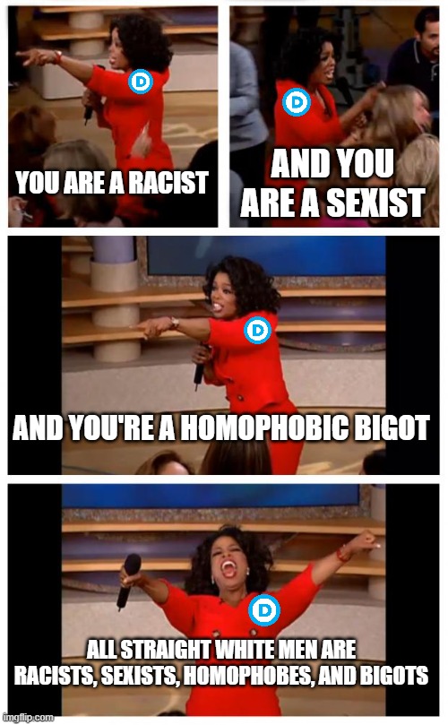 Oprah You Get A Car Everybody Gets A Car Meme | YOU ARE A RACIST; AND YOU ARE A SEXIST; AND YOU'RE A HOMOPHOBIC BIGOT; ALL STRAIGHT WHITE MEN ARE RACISTS, SEXISTS, HOMOPHOBES, AND BIGOTS | image tagged in memes,oprah you get a car everybody gets a car | made w/ Imgflip meme maker