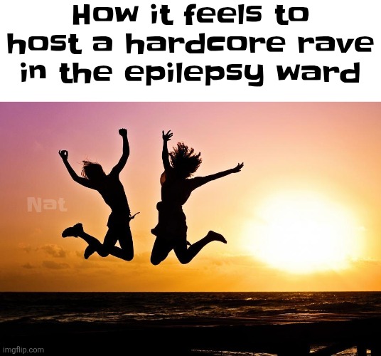 Clever title | How it feels to host a hardcore rave in the epilepsy ward; Nat | image tagged in dark humor,sunset,happy,funny,memes | made w/ Imgflip meme maker