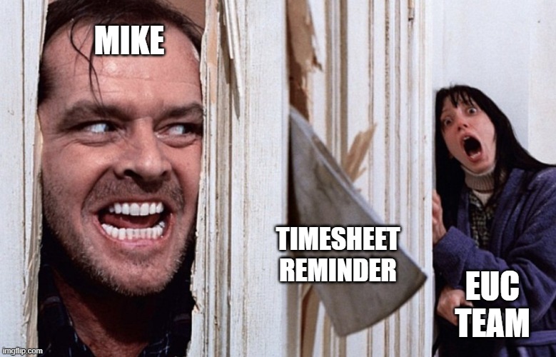 Heeerrreees a Timesheet Reminder | MIKE; EUC TEAM; TIMESHEET
REMINDER | image tagged in the shining,jack nicholson the shining snow,axe,fright,timesheet reminder,timesheet meme | made w/ Imgflip meme maker