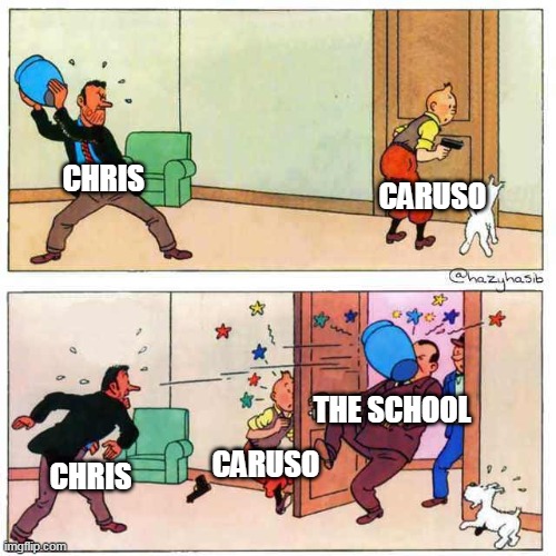 Tintin | CARUSO; CHRIS; THE SCHOOL; CARUSO; CHRIS | image tagged in tintin,everybody hates chris | made w/ Imgflip meme maker