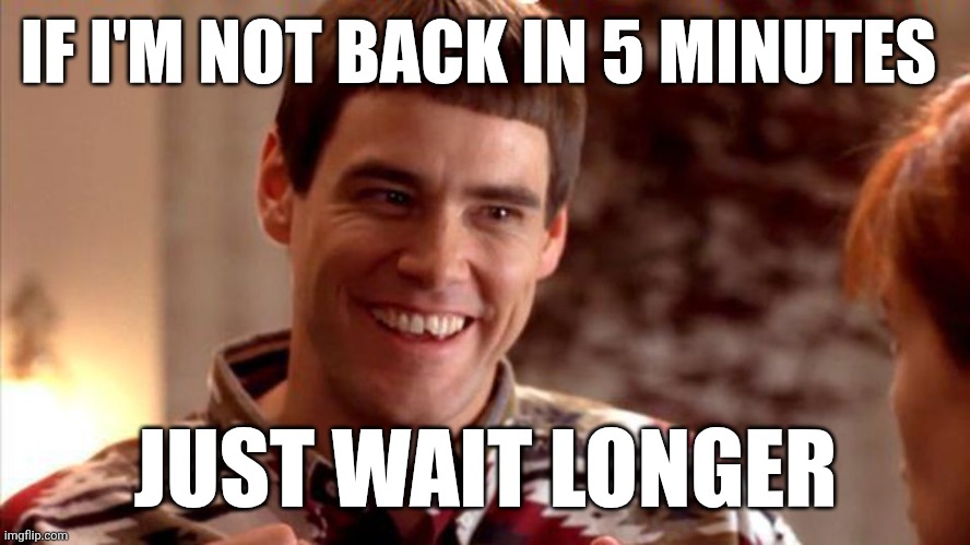Just wait longer | IF I'M NOT BACK IN 5 MINUTES; JUST WAIT LONGER | image tagged in dumb and dumber,funny memes | made w/ Imgflip meme maker