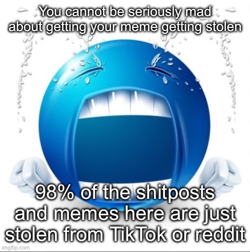 Crying Blue guy | You cannot be seriously mad about getting your meme getting stolen; 98% of the shitposts and memes here are just stolen from TikTok or reddit | image tagged in crying blue guy | made w/ Imgflip meme maker