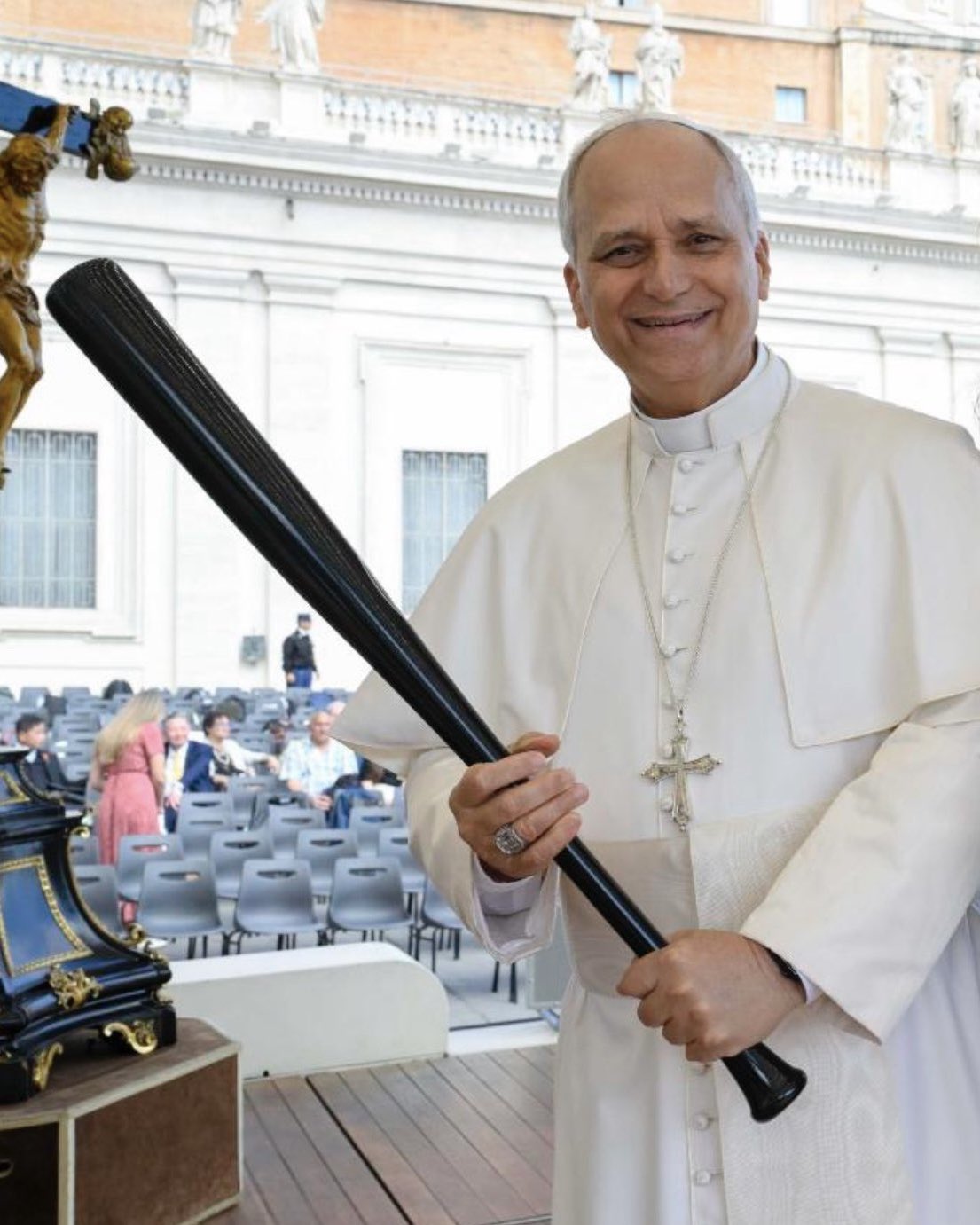 Pope Leo with baseball bat Blank Meme Template