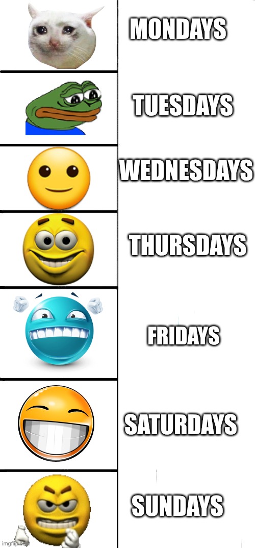 How everyday of the week feels like | MONDAYS; TUESDAYS; WEDNESDAYS; THURSDAYS; FRIDAYS; SATURDAYS; SUNDAYS | image tagged in weeks,feelings,real life,funny,relatable,ifykyk | made w/ Imgflip meme maker