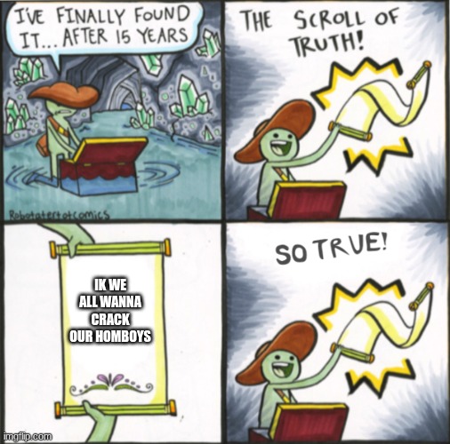insta meme | IK WE ALL WANNA CRACK OUR HOMBOYS | image tagged in the real scroll of truth | made w/ Imgflip meme maker