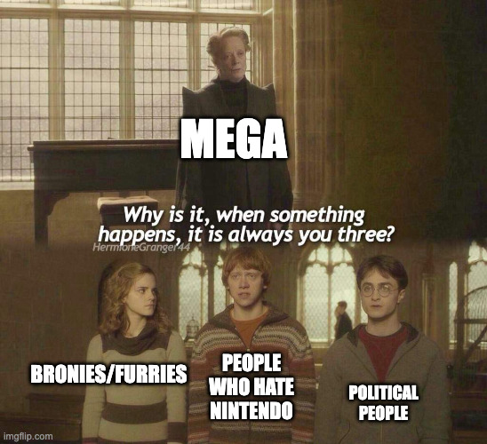Why is it, when something happens, it is always you three? | MEGA; PEOPLE WHO HATE NINTENDO; POLITICAL PEOPLE; BRONIES/FURRIES | image tagged in why is it when something happens it is always you three,harry potter,furries,bronies,politics,nintendo | made w/ Imgflip meme maker