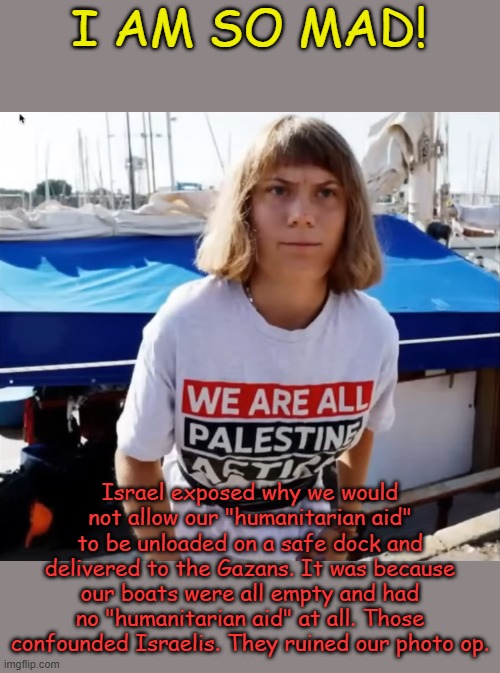 But hey, with all the great food flowing into Gaza, they wouldn't want our Ramen noodles anyway. | I AM SO MAD! Israel exposed why we would not allow our "humanitarian aid" to be unloaded on a safe dock and delivered to the Gazans. It was because our boats were all empty and had no "humanitarian aid" at all. Those confounded Israelis. They ruined our photo op. | image tagged in greta he man | made w/ Imgflip meme maker