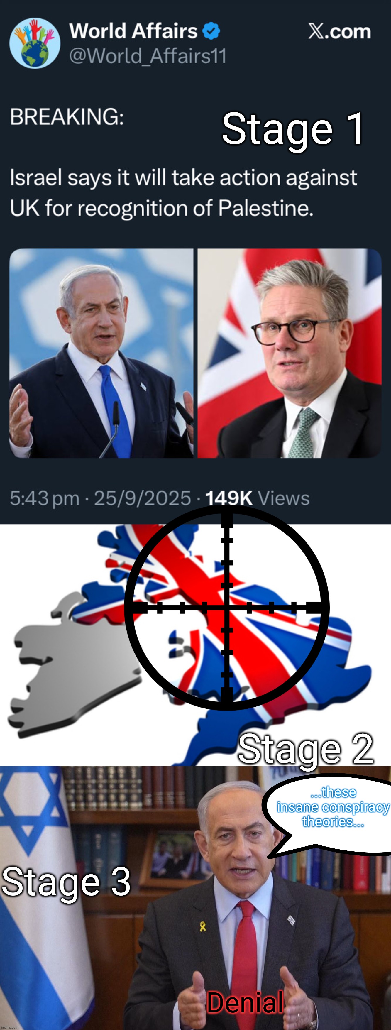 An entire Nation, taken too soon, by another lone(nut) gunman... | Stage 1; Stage 2; ...these insane conspiracy theories... Stage 3; Denial | image tagged in uk,recognizes palestine,consequences,that's another one for apocalypse bingo,the inevitable denial by bibi,memes | made w/ Imgflip meme maker