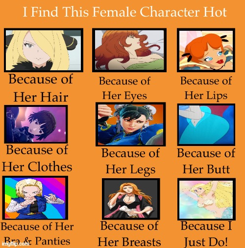 i find this female character hot | image tagged in i find this female character hot,media,anime,hot girl,videogames,cartoons | made w/ Imgflip meme maker