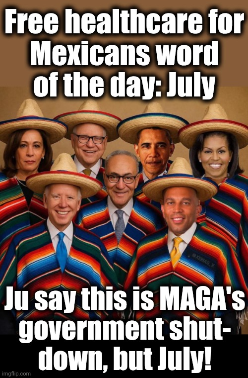 The free healthcare for Mexicans word of the day | Free healthcare for
Mexicans word
of the day: July; Ju say this is MAGA's
government shut-
down, but July! | image tagged in memes,government shutdown,free healthcare for mexicans,democrats,july,chuck schumer | made w/ Imgflip meme maker