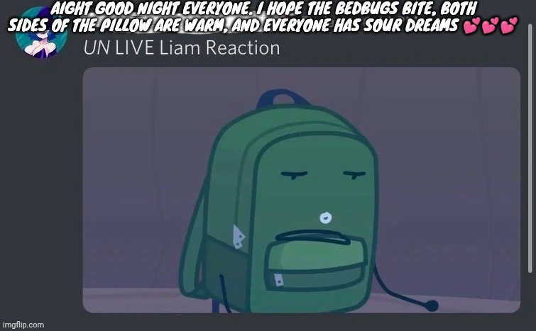 /j of courses yall are awesome | AIGHT GOOD NIGHT EVERYONE. I HOPE THE BEDBUGS BITE, BOTH SIDES OF THE PILLOW ARE WARM, AND EVERYONE HAS SOUR DREAMS 💕💕💕 | image tagged in un live liam reaction | made w/ Imgflip meme maker