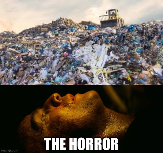 THE HORROR | image tagged in recycling and waste,brando apocalypse now | made w/ Imgflip meme maker