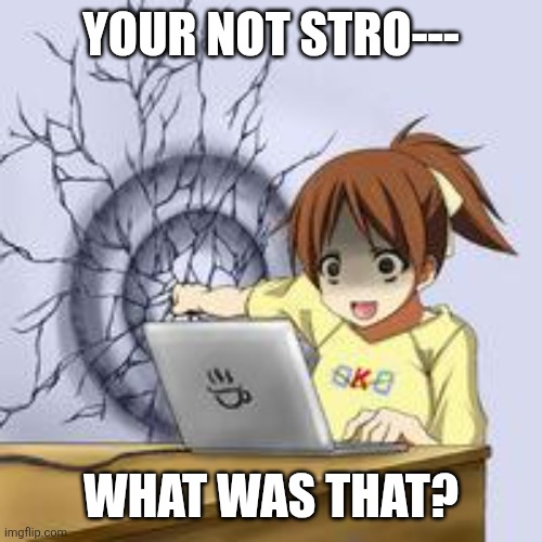 Anime wall punch | YOUR NOT STRO--- WHAT WAS THAT? | image tagged in anime wall punch | made w/ Imgflip meme maker